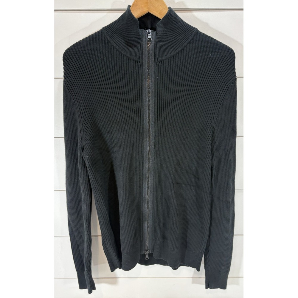 Express Men's Black Sweater Size Medium Full Zip Mock Neck Ribbed Knit